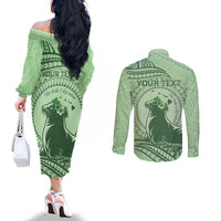 Personalised Hawaii Monk Seal Couples Matching Off The Shoulder Long Sleeve Dress and Long Sleeve Button Shirt Polynesian Tattoo With Tropical Flowers - Green Pastel LT14 - Polynesian Pride