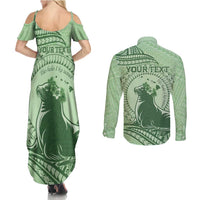 Personalised Hawaii Monk Seal Couples Matching Summer Maxi Dress and Long Sleeve Button Shirt Polynesian Tattoo With Tropical Flowers - Green Pastel LT14 - Polynesian Pride