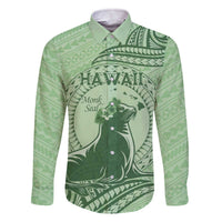Personalised Hawaii Monk Seal Family Matching Off Shoulder Short Dress and Hawaiian Shirt Polynesian Tattoo With Tropical Flowers - Green Pastel LT14 Dad's Shirt - Long Sleeve Green - Polynesian Pride