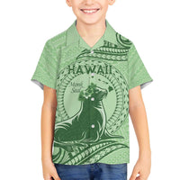 Personalised Hawaii Monk Seal Family Matching Off Shoulder Short Dress and Hawaiian Shirt Polynesian Tattoo With Tropical Flowers - Green Pastel LT14 Son's Shirt Green - Polynesian Pride