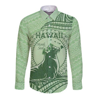 Personalised Hawaii Monk Seal Long Sleeve Button Shirt Polynesian Tattoo With Tropical Flowers - Green Pastel LT14 Unisex Green - Polynesian Pride