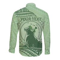 Personalised Hawaii Monk Seal Long Sleeve Button Shirt Polynesian Tattoo With Tropical Flowers - Green Pastel LT14 - Polynesian Pride