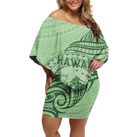 Personalised Hawaii Monk Seal Off Shoulder Short Dress Polynesian Tattoo With Tropical Flowers - Green Pastel LT14 Women Green - Polynesian Pride