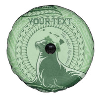 Personalised Hawaii Monk Seal Spare Tire Cover Polynesian Tattoo With Tropical Flowers - Green Pastel