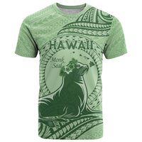 Personalised Hawaii Monk Seal T Shirt Polynesian Tattoo With Tropical Flowers - Green Pastel