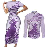 Personalised Hawaii Monk Seal Couples Matching Short Sleeve Bodycon Dress and Long Sleeve Button Shirt Polynesian Tattoo With Tropical Flowers - Purple Pastel LT14 Purple - Polynesian Pride