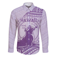 Personalised Hawaii Monk Seal Family Matching Puletasi and Hawaiian Shirt Polynesian Tattoo With Tropical Flowers - Purple Pastel