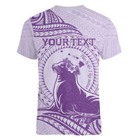 Personalised Hawaii Monk Seal Women V-Neck T-Shirt Polynesian Tattoo With Tropical Flowers - Purple Pastel