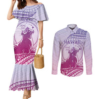 Personalised Hawaii Monk Seal Couples Matching Mermaid Dress and Long Sleeve Button Shirt Polynesian Tattoo With Tropical Flowers - Purple Gradient LT14 Purple - Polynesian Pride