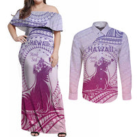 Personalised Hawaii Monk Seal Couples Matching Off Shoulder Maxi Dress and Long Sleeve Button Shirt Polynesian Tattoo With Tropical Flowers - Purple Gradient LT14 Purple - Polynesian Pride