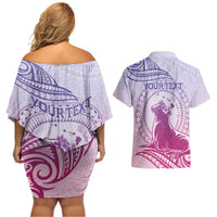Personalised Hawaii Monk Seal Couples Matching Off Shoulder Short Dress and Hawaiian Shirt Polynesian Tattoo With Tropical Flowers - Purple Gradient LT14 - Polynesian Pride