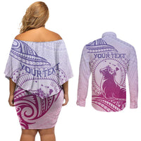 Personalised Hawaii Monk Seal Couples Matching Off Shoulder Short Dress and Long Sleeve Button Shirt Polynesian Tattoo With Tropical Flowers - Purple Gradient LT14 - Polynesian Pride