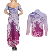 Personalised Hawaii Monk Seal Couples Matching Summer Maxi Dress and Long Sleeve Button Shirt Polynesian Tattoo With Tropical Flowers - Purple Gradient LT14 - Polynesian Pride