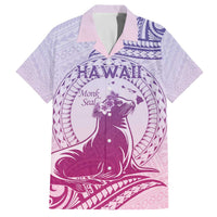 Personalised Hawaii Monk Seal Family Matching Off Shoulder Short Dress and Hawaiian Shirt Polynesian Tattoo With Tropical Flowers - Purple Gradient LT14 Dad's Shirt - Short Sleeve Purple - Polynesian Pride
