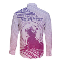 Personalised Hawaii Monk Seal Long Sleeve Button Shirt Polynesian Tattoo With Tropical Flowers - Purple Gradient LT14 - Polynesian Pride
