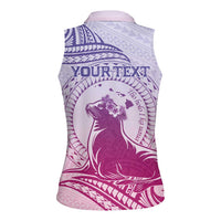 Personalised Hawaii Monk Seal Women Sleeveless Polo Shirt Polynesian Tattoo With Tropical Flowers - Purple Gradient
