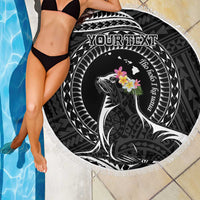 Personalised Hawaii Monk Seal Beach Blanket Polynesian Tattoo With Tropical Flowers - Black LT14 - Polynesian Pride