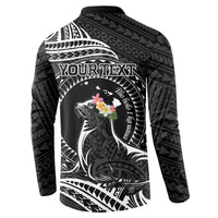 Personalised Hawaii Monk Seal Button Sweatshirt Polynesian Tattoo With Tropical Flowers - Black LT14 - Polynesian Pride