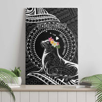Personalised Hawaii Monk Seal Canvas Wall Art Polynesian Tattoo With Tropical Flowers - Black LT14 - Polynesian Pride