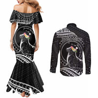 Personalised Hawaii Monk Seal Couples Matching Mermaid Dress and Long Sleeve Button Shirt Polynesian Tattoo With Tropical Flowers - Black LT14 - Polynesian Pride