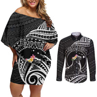 Personalised Hawaii Monk Seal Couples Matching Off Shoulder Short Dress and Long Sleeve Button Shirt Polynesian Tattoo With Tropical Flowers - Black LT14 Black - Polynesian Pride