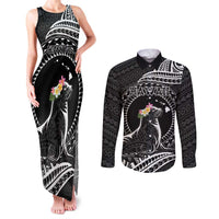 Personalised Hawaii Monk Seal Couples Matching Tank Maxi Dress and Long Sleeve Button Shirt Polynesian Tattoo With Tropical Flowers - Black LT14 Black - Polynesian Pride