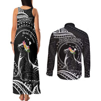 Personalised Hawaii Monk Seal Couples Matching Tank Maxi Dress and Long Sleeve Button Shirt Polynesian Tattoo With Tropical Flowers - Black LT14 - Polynesian Pride