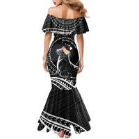 Personalised Hawaii Monk Seal Family Matching Mermaid Dress and Hawaiian Shirt Polynesian Tattoo With Tropical Flowers - Black
