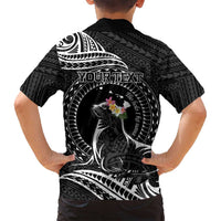 Personalised Hawaii Monk Seal Family Matching Off Shoulder Maxi Dress and Hawaiian Shirt Polynesian Tattoo With Tropical Flowers - Black LT14 - Polynesian Pride