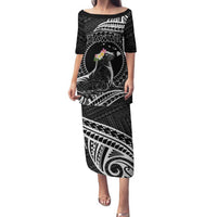 Personalised Hawaii Monk Seal Family Matching Puletasi and Hawaiian Shirt Polynesian Tattoo With Tropical Flowers - Black