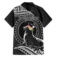 Personalised Hawaii Monk Seal Family Matching Short Sleeve Bodycon Dress and Hawaiian Shirt Polynesian Tattoo With Tropical Flowers - Black