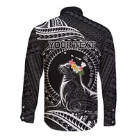 Personalised Hawaii Monk Seal Long Sleeve Button Shirt Polynesian Tattoo With Tropical Flowers - Black LT14 - Polynesian Pride