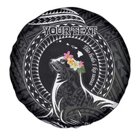 Personalised Hawaii Monk Seal Spare Tire Cover Polynesian Tattoo With Tropical Flowers - Black LT14 - Polynesian Pride