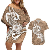 Polynesia Couples Matching Off Shoulder Short Dress and Hawaiian Shirt Plumeria With Tribal Pattern Brown Pastel Vibes LT14 Brown - Polynesian Pride