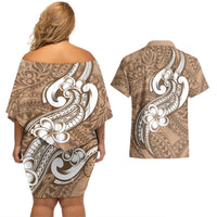Polynesia Couples Matching Off Shoulder Short Dress and Hawaiian Shirt Plumeria With Tribal Pattern Brown Pastel Vibes LT14 - Polynesian Pride