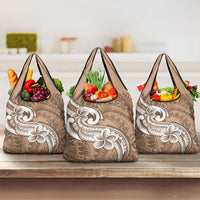 Polynesia Grocery Bag Plumeria With Tribal Pattern Brown Pastel