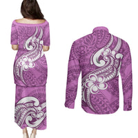 Polynesia Couples Matching Puletasi Dress and Long Sleeve Button Shirts Plumeria With Tribal Pattern Pink Pastel Vibes LT14 - Polynesian Pride