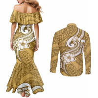 Polynesia Couples Matching Mermaid Dress and Long Sleeve Button Shirts Plumeria With Tribal Pattern Yellow Pastel Vibes LT14 - Polynesian Pride