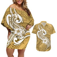 Polynesia Couples Matching Off Shoulder Short Dress and Hawaiian Shirt Plumeria With Tribal Pattern Yellow Pastel Vibes LT14 Yellow - Polynesian Pride