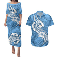 Polynesia Couples Matching Puletasi Dress and Hawaiian Shirt Plumeria With Tribal Pattern Blue Pastel Vibes LT14 Blue - Polynesian Pride