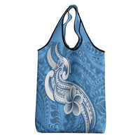 Polynesia Grocery Bag Plumeria With Tribal Pattern Blue Pastel