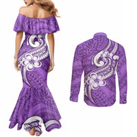 Polynesia Couples Matching Mermaid Dress and Long Sleeve Button Shirts Plumeria With Tribal Pattern Purple Pastel Vibes LT14 - Polynesian Pride