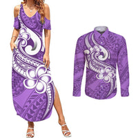 Polynesia Couples Matching Summer Maxi Dress and Long Sleeve Button Shirts Plumeria With Tribal Pattern Purple Pastel Vibes LT14 Purple - Polynesian Pride