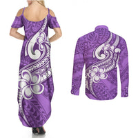 Polynesia Couples Matching Summer Maxi Dress and Long Sleeve Button Shirts Plumeria With Tribal Pattern Purple Pastel Vibes LT14 - Polynesian Pride