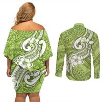 Polynesia Couples Matching Off Shoulder Short Dress and Long Sleeve Button Shirts Plumeria With Tribal Pattern Green Pastel Vibes LT14 - Polynesian Pride