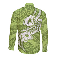 Polynesia Long Sleeve Button Shirt Plumeria With Tribal Pattern Green Pastel Vibes LT14 - Polynesian Pride