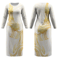 Polynesia White Sunday Couples Matching Long Sleeve Bodycon Dress and Long Sleeve Button Shirt Polynesian Tattoo Plumeria Hibiscus Gold