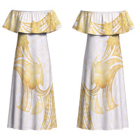 Polynesia White Sunday Couples Matching Off Shoulder Maxi Dress and Long Sleeve Button Shirt Polynesian Tattoo Plumeria Hibiscus Gold