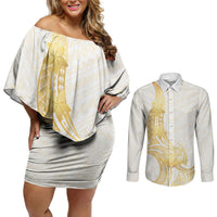 Polynesia White Sunday Couples Matching Off Shoulder Short Dress and Long Sleeve Button Shirt Polynesian Tattoo Plumeria Hibiscus Gold