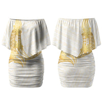 Polynesia White Sunday Couples Matching Off Shoulder Short Dress and Long Sleeve Button Shirt Polynesian Tattoo Plumeria Hibiscus Gold